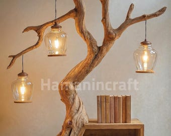 Tree Branch Bookshelf Lamp, Driftwood Floor Light, Rustic Wood Bookcase with Hanging Glass Lamps