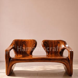 Skulpturale Holzbank, Organic Modern 2-Sitzer-2er-Sitzer, Eingangsbank aus poliertem Holz