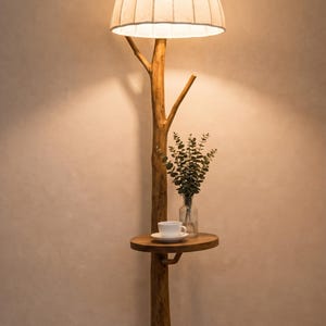 Rustic Tree Branch Floor Lamp with Table, Organic Modern Boho Reading Light