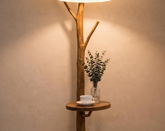 Lámpara de pie rústica con forma de rama de árbol y mesa auxiliar, lámpara de lectura moderna y orgánica de estilo bohemio.