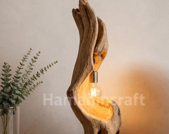 Lampe de table sculpturale en bois flotté, éclairage côtier moderne organique, accent de racine de bois rustique