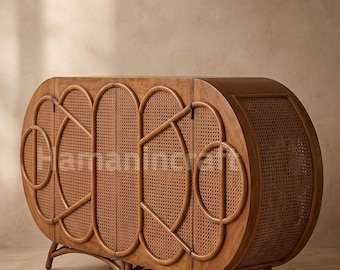 Arched Rattan Sideboard Cabinet, Mid Century Cane Door Buffet, Boho Living Room Furniture