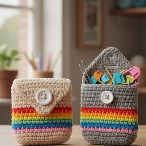 May include: Two handmade crochet pouches. One is beige with a rainbow stripe and a button closure. The other is gray with a rainbow stripe and a button closure, holding sewing notions. Both are on a wooden surface.