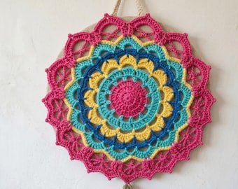 Gehaakt mandala-patroon aan de muur, gehaakt bohodecor, kleurrijke DIY pdf (direct downloaden)