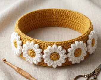 Zonnebloem gehaakte hoofdbandpatroon pdf, madeliefjebloem haarband zelfstudie, boho bloemen hoofdband, gehaakt accessoire voor beginners