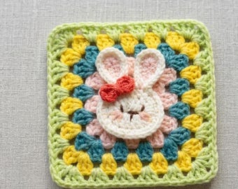 Crochet Bunny Granny Square Pattern PDF, Easter Bunny Crochet Motif, Cute Rabbit Granny Square, Baby Blanket Block Pattern