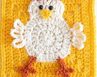 Crochet Chicken Granny Square Pattern, Farmhouse Coaster, Daisy Motif (PDF Download)