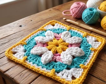 Daisy Granny Square Crochet Pattern | 3D Floral Motif (PDF Download)