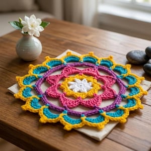 May include: A circular crochet doily featuring a vibrant mandala pattern with a white center, surrounded by concentric rings of yellow, pink, purple, and teal yarn. The intricate textile design displays a floral-inspired motif with scalloped edges.