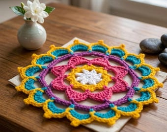 Gehaakt mandalapatroon pdf, kleurrijk mandala-kleedje, haakhandleiding bohotafeldecor, direct downloaden