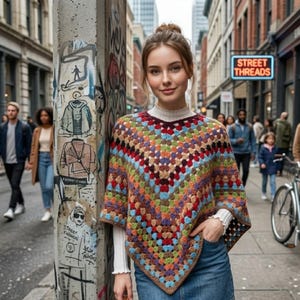 Può includere: Un poncho colorato all'uncinetto con un motivo geometrico. Il poncho presenta una varietà di colori, tra cui rosso, blu, verde e marrone. La modella indossa un dolcevita bianco sotto. Lo sfondo è una strada cittadina.