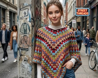 Gehaakt ponchopatroon, gestreepte omslagdoek met mouwen, boho-fringe-omslag (pdf-download)