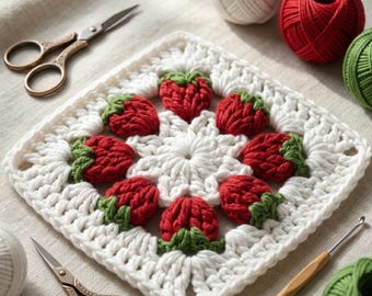 Strawberry Grandma Square-haakpatroon, zelfstudie madeliefje bloemenblok, Cottagecore-haakmotief, Afghaans aardbeiblok, beginnersvriendelijk