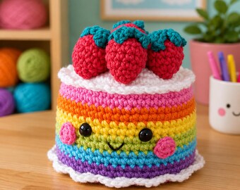 Crochet Rainbow Cake Pattern, Kawaii Amigurumi Cake Crochet Pattern, Cute Strawberry Dessert Decor, PDF Instant Download
