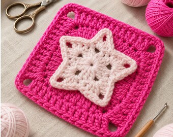 Star Flower Granny Square Crochet Pattern | 3D Floral Granny Square PDF | Pink Crochet Blanket Block | Beginner Friendly