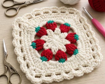 Strawberry Granny Square Crochet Pattern PDF, Vintage Crochet Blanket Block, Floral Afghan Motif, Strawberry Coaster Pattern