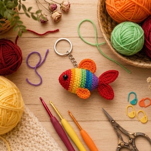 Könnte beinhalten: Ein handgefertigter, regenbogenfarbener Häkelfisch-Schlüsselanhänger mit einem silbernen Schlüsselring. Der Fisch hat rote, orange, gelbe, grüne und blaue Streifen. Häkelnadeln, Garn und andere Bastelmaterialien sind auf einer Holzoberfläche angeordnet.