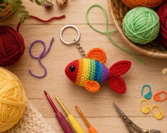 Gehaakte sleutelhanger vis, tasbedel regenboog amigurumi, handgemaakt accessoire van katoengaren