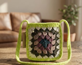 Patroon gehaakte tas 3D-bloem oma vierkant (pdf), boho-draagtas, rozenportemonnee DIY-zelfstudie