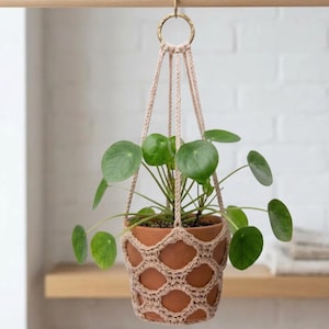 May include: A terracotta-colored plant pot with a green plant, suspended by a beige macrame plant hanger. The macrame has a geometric pattern around the pot and is attached to a gold-colored ring.