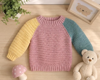Crochet Baby Sweater Pattern, Color Block Raglan Pullover, Toddler Knit Look Jumper PDF, Beginner Friendly Baby Clothing Pattern