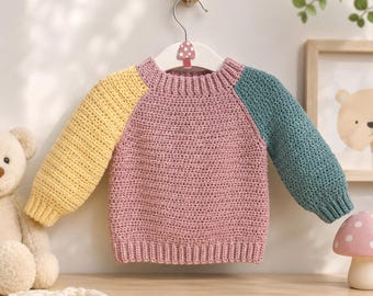 Crochet Baby Sweater Pattern, Color Block Raglan Pullover, Toddler Knit Look Jumper PDF, Beginner Friendly Baby Clothing Pattern