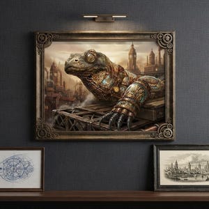 Pode incluir: Uma obra de arte de parede emoldurada apresentando um lagarto mecânico com engrenagens metálicas e revestimento de bronze, contra um pano de fundo de uma cidade industrial de estilo vitoriano. A moldura ornamentada inclui motivos de engrenagens.
