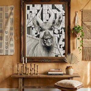 May include: A framed black and white artwork of an antelope with its tongue out, set against a geometric background. The artwork is displayed above a wooden bench with brass candlesticks, books, and a small stool. The room has a warm, earthy color palette.