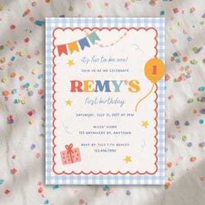 Fun to Be One Digital Birthday Invite | Colorful Gingham 1st Birthday Mobile Baby Party Invite | Editable Canva Invitation