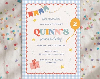 Two Much Fun Digital Birthday Invite | Colorful Gingham 2nd Birthday Mobile Baby Party Invite | Editable Canva Invitation