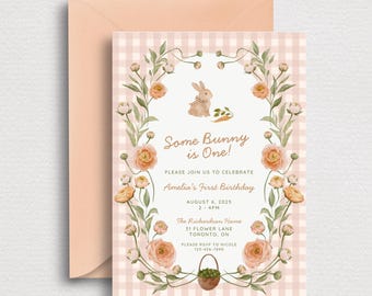 Some Bunny Is One Birthday Digital Invite | Bunny 1st Birthday Mobile Party Invite | Editable Canva Invitation