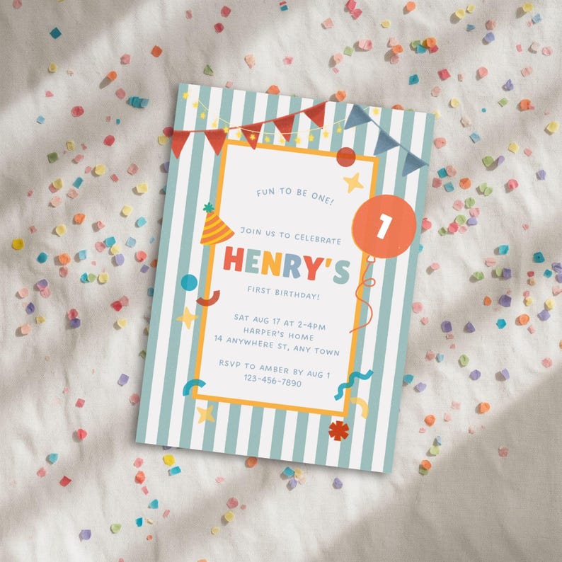 May include: A birthday invitation with a blue and white striped background. The invitation features the text "HENRY'S FIRST BIRTHDAY!" and event details. Decorative elements include a party hat, balloons, and colorful confetti.