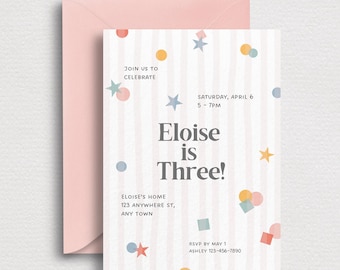 Colorful Confetti Digital Girl Birthday Invite | 3rd Birthday Mobile Baby Party Invite | Editable Canva Invitation