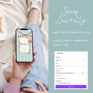 May include: A smartphone displays a birthday invitation with the text "HENRY'S" and the number "1". The invitation has a striped background with colorful bunting and decorative elements. The screen also shows download instructions.