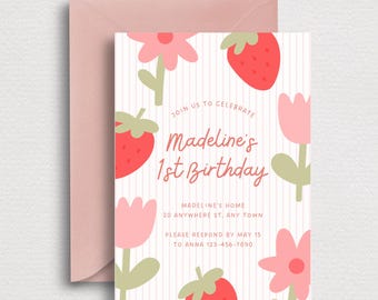 Cute Tulip & Strawberry Digital Invite | Birthday Mobile Party Invitation | Editable Canva Template