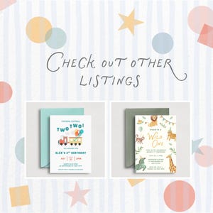 May include: Two birthday invitations with envelopes. One features a train graphic and the text "TWO TWO!" and "Alex's 2nd Birthday." The other says "Wild One" with animal illustrations. The image also says "Check out other listings."