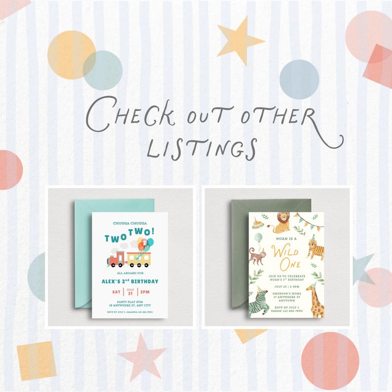 May include: Two birthday invitations with envelopes. One features a train graphic and the text "TWO TWO!" and "Alex's 2nd Birthday." The other says "Wild One" with animal illustrations. The image also says "Check out other listings."