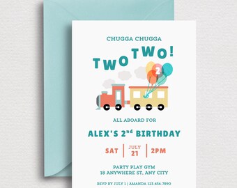 Chugga Chugga Two Two Digital Birthday Invite | Train 2nd Birthday Mobile Baby Party Invite | Editable Canva Invitation