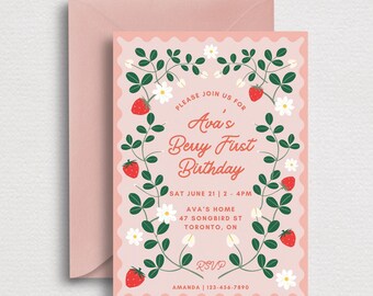 Berry First Birthday Digital Invite | Strawberry Mobile 1st Party Invite | Editable Canva Invitation