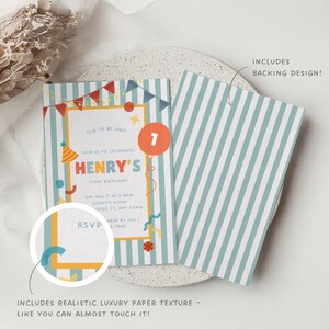 May include: A birthday invitation with a striped background and colorful accents. The invitation features the text "HENRY'S" and "FUN TO BE ONE!" with a number "1" in a circle. The backing design is also included.