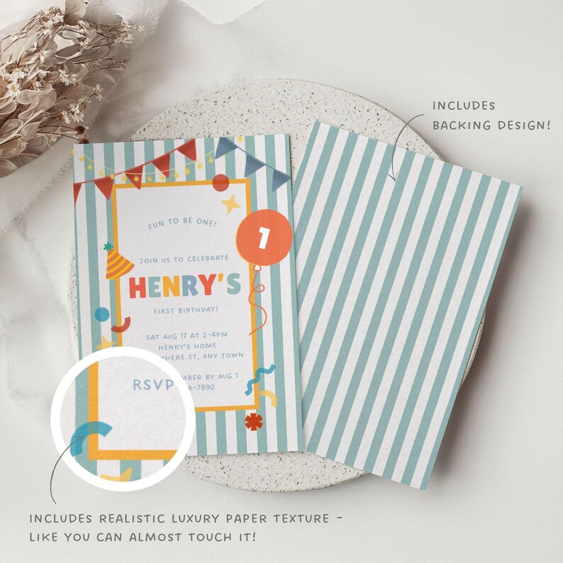 May include: A birthday invitation with a striped background and colorful accents. The invitation features the text "HENRY'S" and "FUN TO BE ONE!" with a number "1" in a circle. The backing design is also included.