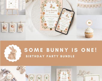 Some Bunny Is One Birthday Bundle Template | Bunny 1st Birthday Party Decor | Editable Canva Invitation, Welcome Sign & Favor Tags