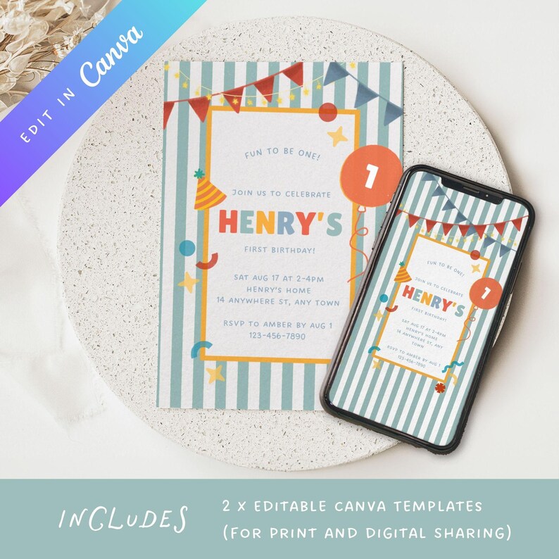 May include: A birthday invitation with the text "HENRY'S FIRST BIRTHDAY!" is displayed on a smartphone and a card. The invitation features a striped background, colorful decorations, and the text "FUN TO BE ONE!" and "RSVP TO AMBER".