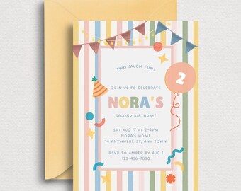 Two Much Fun Digital Birthday Invite | Colorful Pastel 2nd Birthday Mobile Baby Party Invite | Editable Canva Invitation