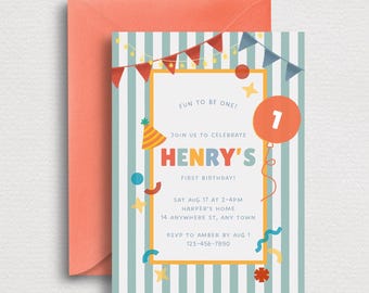 Fun To Be One Digital Birthday Invite | Colorful 1st Birthday Mobile Baby Party Invite | Editable Canva Invitation
