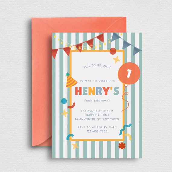 Fun To Be One Digital Birthday Invite | Colorful 1st Birthday Mobile Baby Party Invite | Editable Canva Invitation