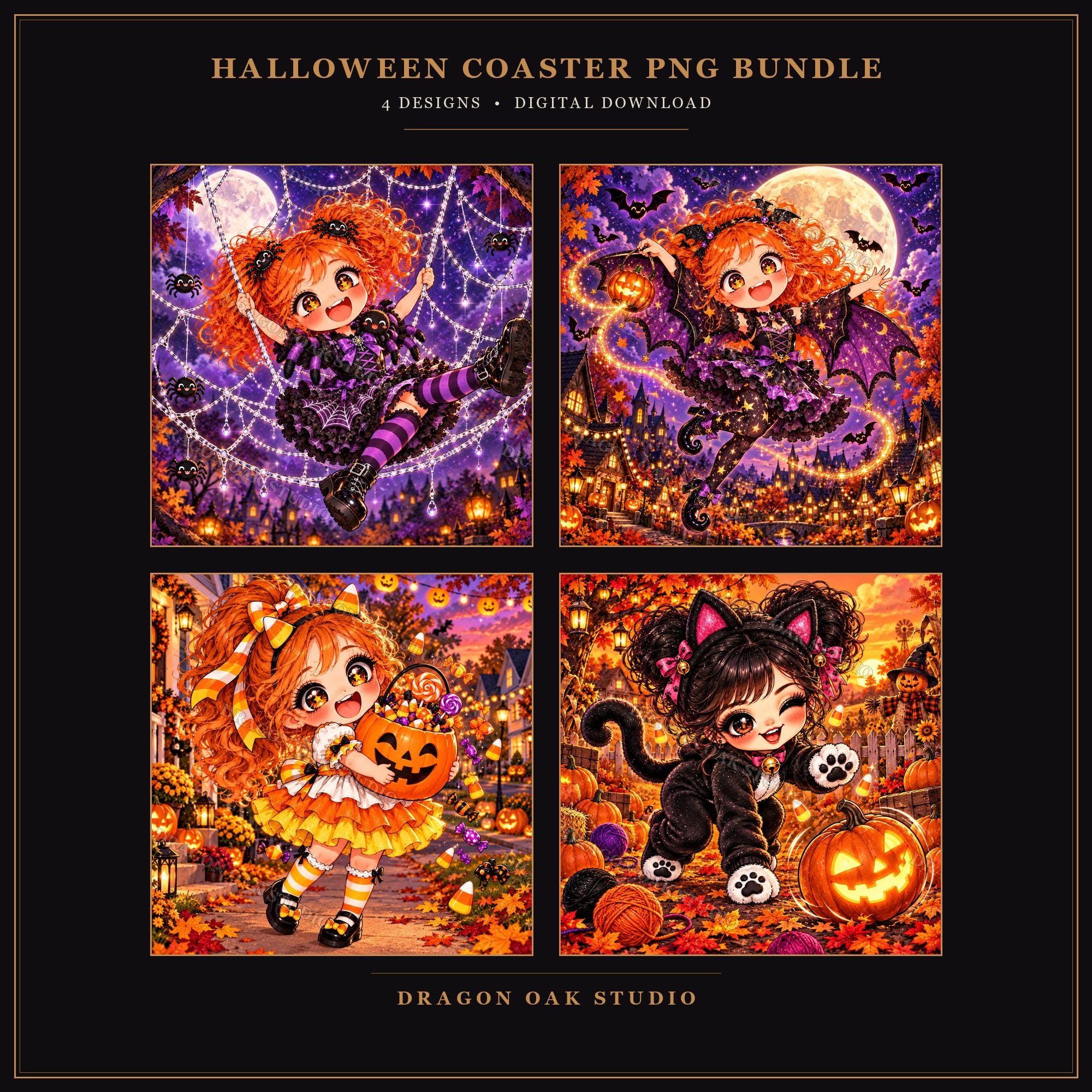 Chibi Halloween Coaster PNG Bundle Vol. 3, Set of 4 Cute Kawaii Spiderweb, Witch, Candy Corn & Cat Girls, Digital Download