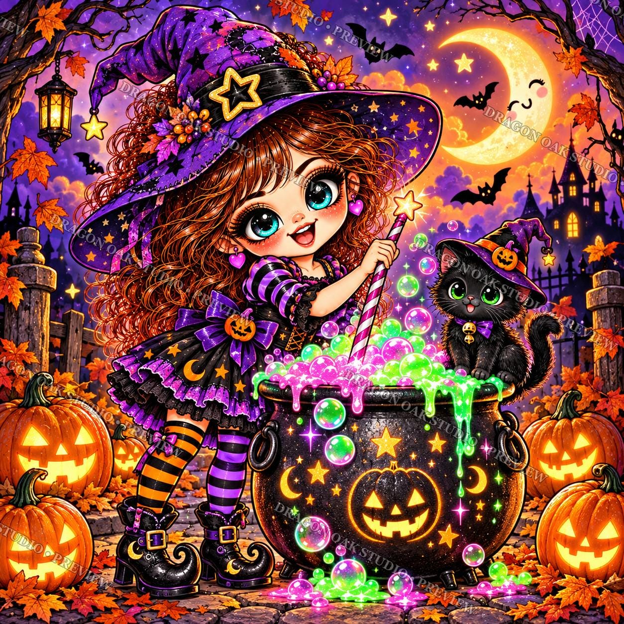 Chibi Halloween Coaster PNG Bundle Vol. 2, Set of 4 Cute Kawaii Bat, Pumpkin, Witch & Skeleton Girls, Digital Download