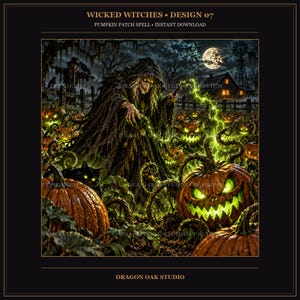 Może przedstawiać: Cyfrowy wydruk artystyczny zatytułowany WICKED WITCHES DESIGN 07 PUMPKIN PATCH SPELL INSTANT DOWNLOAD. Wiedźma w płaszczu rzuca zielone błyskawice nad polem świecących, wydrążonych dyń pod pełnią księżyca.