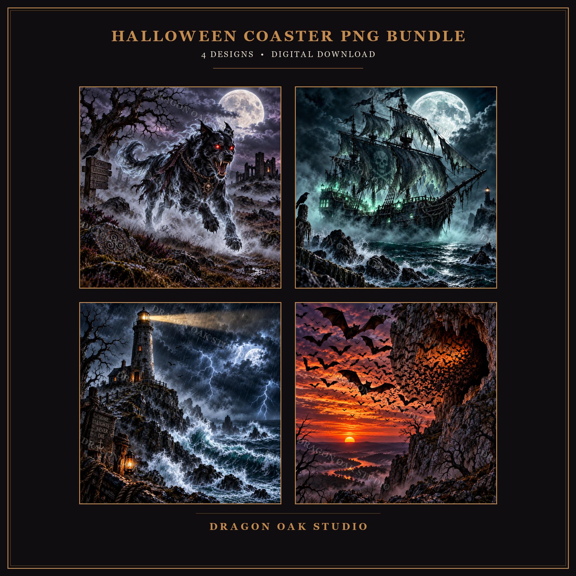 Gothic Coastal Horror Coaster Bundle, Ghost Ship, Haunted Lighthouse, Hell Hound, Bats (Digital Download)